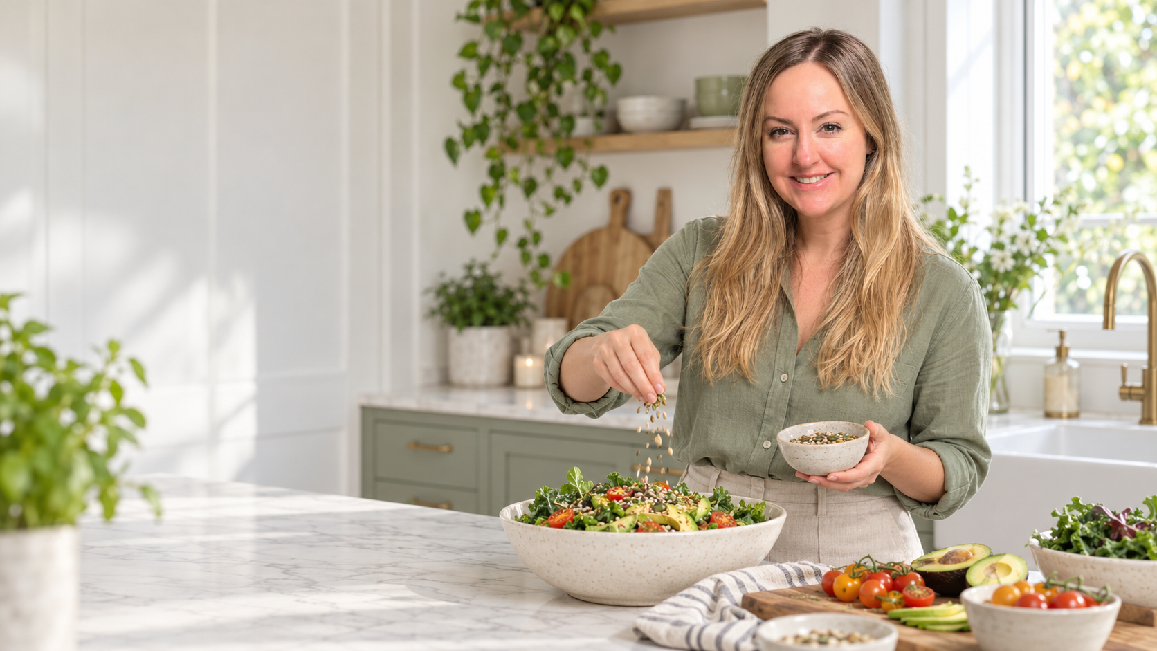 Nadine Sommer bereitet in einer hellen Küche einen frischen Salat zu